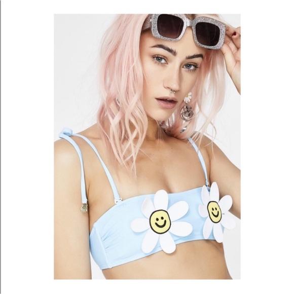 Lazy Oaf Daisy Boob Baby Blue Bikini Top Double Straps Bandeau Size Small - Picture 4 of 14
